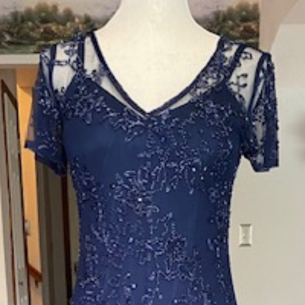 Adrianna Papell navy evening gown formal mother of bride Dress embroider beaded